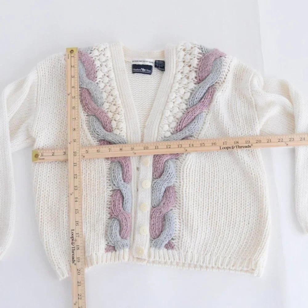 Vintage Hunters Run Cream, Purple & Blue Button Up Knit Cardigan L - Picture 4 of 12